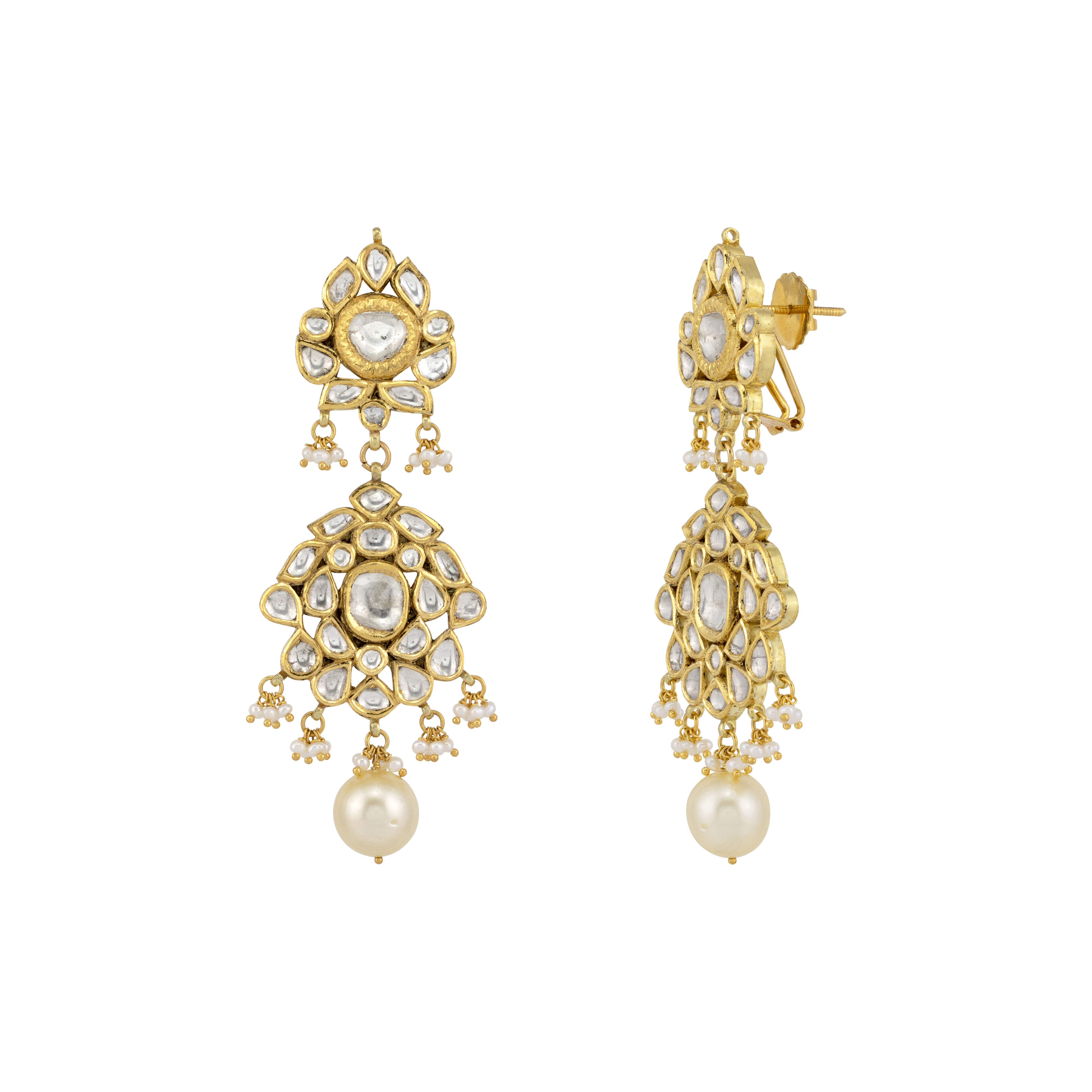 Floral Polki Earrings with Emerald Maniya and Pearl Beads
